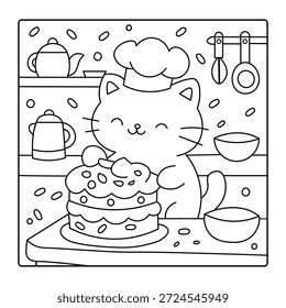 Cute Cat Chef Baking a Cake – Kawaii Kitchen Coloring Page for Kids 