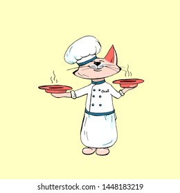 Cute cat chef cartoon hand drawn vector illustration. Can be used for print, fashion design, restaurant design