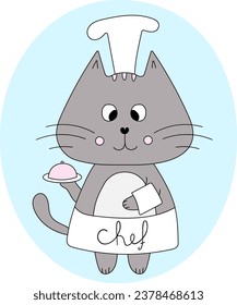 Cute cat chef character with a dish in cartoon style. Vector illustration for cafe or restaraunt advertising logo poster cat food