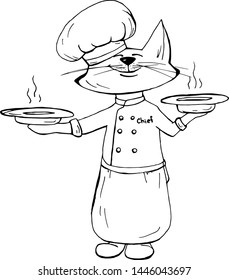 Cute cat chef cook cartoon hand drawn vector illustration. Can be used for t-shirt print, kids wear fashion design, baby shower invitation card