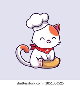 Ilustración de Icono del vector de dibujos animados del chef de la cocina del gato. Vector Premium Aislado De Icono De Alimentos Animales. Estilo de dibujo plano