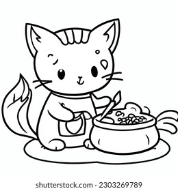 Cute Cat Chef Cooking Cartoon Vector Icon Illustration. Coloring book.