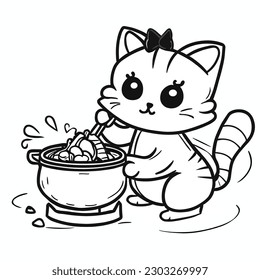 Cute Cat Chef Cooking Cartoon Vector Icon Illustration.