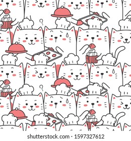 Cute cat chef cooking seamless pattern cartoon.