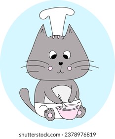 Cute cat chef cooking. Vector illustration in cartoon style. Character for logo, pet food, poster.