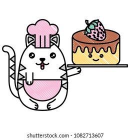 cute cat chef with delicious cake and fruit strawberry kawaii character