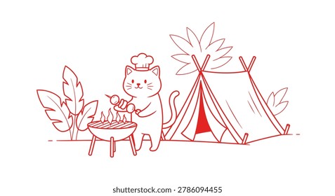 Cute cat chef grilling a kebab at a campsite next to a tent, red line art vector illustration on white background.