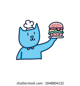 Cute cat with chef hat bringing burger illustration. Vector graphics for t-shirt prints and other uses.