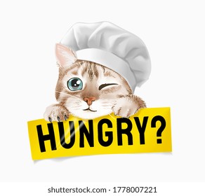 cute cat in chef hat holding hungry sign illustration