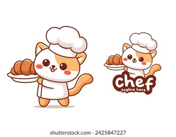 Lindo chef de gato sosteniendo el logotipo de panadería de pan