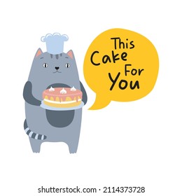 Cute Cat Chef Holding Cake In Cartoon Vector Icon Illustration. Animal Food Icon Concept Isolated Premium Vector. Flat Cartoon Style