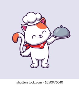 Cute Cat Chef Holding Cloche Food Cartoon Vector Icon Illustration. Animal Food Icon Concept Isolated Premium Vector. Flat Cartoon Style