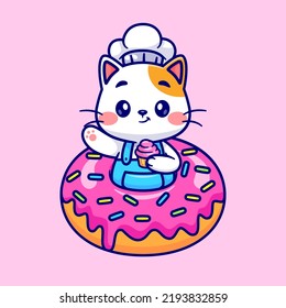 Cute Cat Chef Holding Cup Cake In Donut Cartoon Vector Icon Illustration. Animal Food Icon Concept Isolated Premium Vector. Flat Cartoon Style