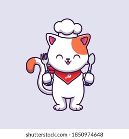 Cute Cat Chef Holding Fork And Spoon Cartoon Vector Icon Illustration. Animal Food Icon Concept Isolated Premium Vector. Flat Cartoon Style