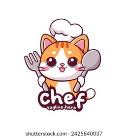 Cute cat chef holding fork and spoon cartoon mascot logo