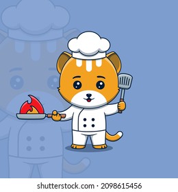 Cute cat chef holding spatula and Burning Frying Pan