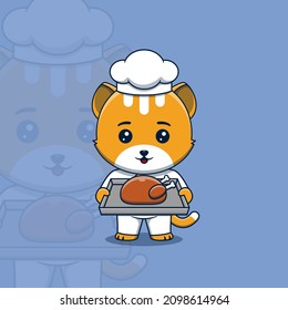 Cute cat chef holding a tray of roast chicken