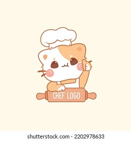 Cute cat chef logo for bakery store. kawaii cartoon hand drawn illustration