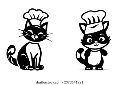 logotipo del chef de un gato lindo vectores de logotipo blanco y negro