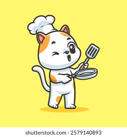 Cute Cat Chef With Pan And Spatula Cartoon Vector Icon Illustration. Animal Food Icon Concept Isolated Premium Vector. Flat Cartoon Style