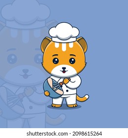 Cute cat chef with whisk and mixing bowl
