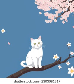 Cute cat with cherry blossom sakura background. Vector illustration.