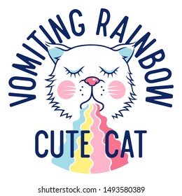 Cute cat for child t-shirt design. Cute kitten vomiting rainbow vector illustration