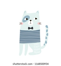 Cute cat childish print. Perfect for t-shirt, apparel, cards, poster, nursery decoration. Vector Illustration