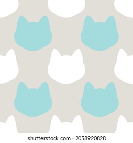 lindo gato estilo infantil vector patrón sin costuras. icono de gato azul y blanco sobre fondo gris. elementos de mascota decorativos adorables. gráfico de la ilustración de símbolo para impresión, diseño, papel envolvente, textil.