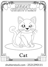 Cute cat children's coloring page for Christmas. Fun and Easy educational activity worksheets for kindergarten