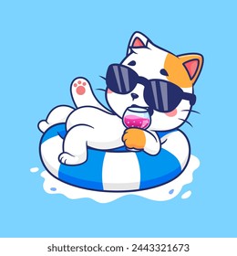 Cute Cat Chill On Swimming Tires With Juice Cartoon Vector Icon Illustration. Animal Holiday Icon Concept Isolated Premium Vector. Flat Cartoon Style