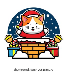 Cute cat in the chimney cartoon character animal christmas concept illustration 