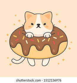 Cute cat in a chocolate doughnut hand drawn cartoon animal character. Hand drawing vector. Cartoon character design.