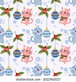 Cute cat with Christmas ball and snow fake seamless pattern.