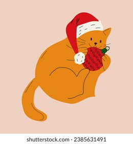 Cute cat with christmas ball. Vector illustration.