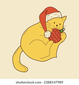 Un gato lindo con una bola de navidad. Ilustración vectorial.	