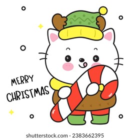 Cute Cat with Christmas candy wear reindeer hat (happy new year kids) animal kawaii kitten vector for fairy tale book. Perfect make a wish for winter festival, celebration party children, princess.