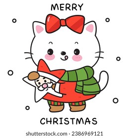 Cute Cat Christmas cartoon with santa cookie (happy new year kids) animal kawaii kitten vector for fairy tale book. Perfect make a wish for winter festival, celebration party children, princess party.