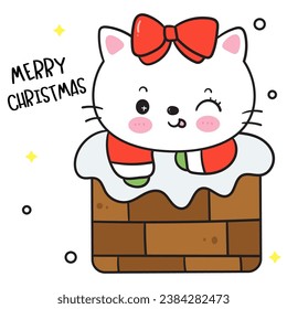 Cute Cat Christmas chimney santa cartoon (happy new year kids) animal kawaii kitten vector for fairy tale book. Perfect make a wish for winter festival, celebration party children, princess party.
