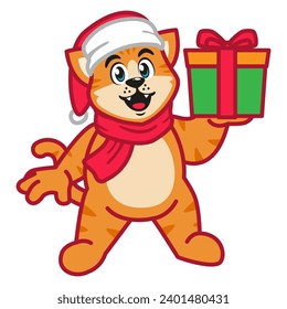 Cute Cat in Christmas Costume with Gift Box