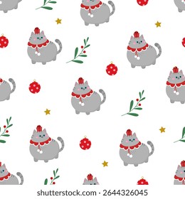 Cute cat in Christmas costume and ornament seamless pattern. Kitten holidays cartoon character. Winter background. Vector in flat style. 