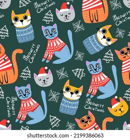 Cute cat in Christmas costume and snow flake seamless pattern. Kitten holidays cartoon character. Winter background. Vector in flat style.