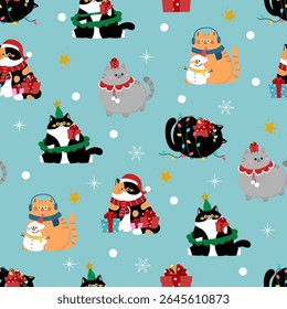 Cute cat in Christmas costume and snow seamless pattern. Kitten holidays cartoon character. Winter background. Vector in flat style. 