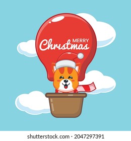 Cute cat in christmas day fly with air balloon. Cute christmas cartoon illustration