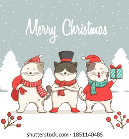 Cute cat for Christmas day and New year. Doodle cat illustration for christmas banner 
