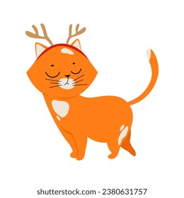 Cute cat with Christmas deer antlers on white background