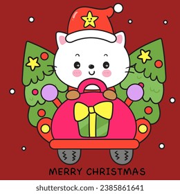 Cute Cat Christmas delivery x mas tree (happy new year kids) animal kawaii kitten vector for fairy tale book. Perfect make a wish for winter festival, celebration party children, princess party.