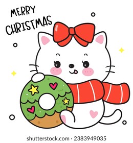 Cute Cat with Christmas donut x mas tree sweet dessert (happy new year kids) animal kawaii kitten vector for fairy tale book. Perfect make a wish for winter festival, celebration party children.