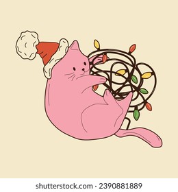 Un gato lindo con guirnaldas navideñas. Ilustración vectorial.	