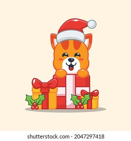 Cute cat and christmas gift box. Cute christmas cartoon illustration